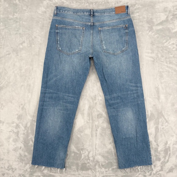 Madewell Jeans Women 32 (Fit 38x29.5) Blue Dean Easy Straight Distressed Raw Hem - Picture 8 of 13